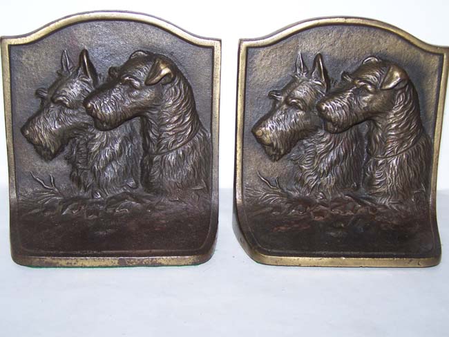 A fine pair of Antique Bookends by Hubley Mfg. featuring a Scotty Dog and a Wire Haired Terrier circa 1925.